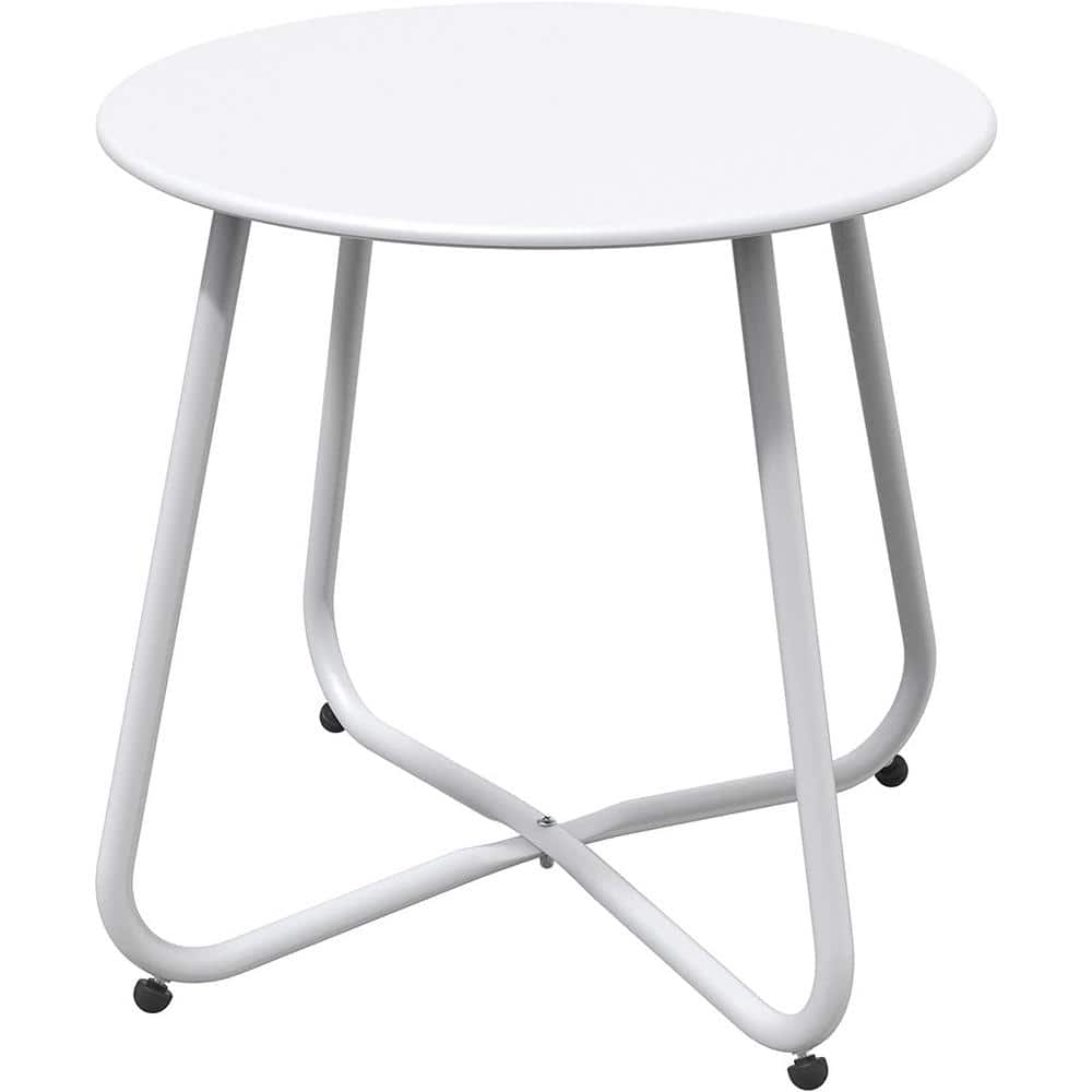Steel Patio Side Table, Weather Resistant Outdoor Round End Table in White