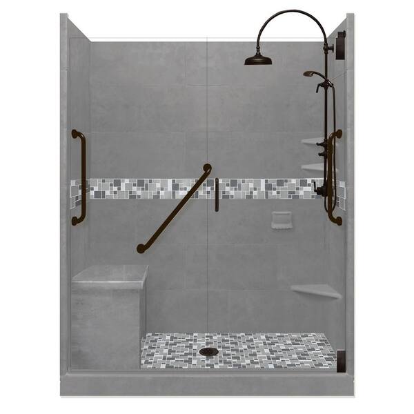 American Bath Factory Newport Freedom Luxe Hinged 36 in. x 60 in. Center Drain Alcove Shower in Wet Cement and Black Pipe Faucet/Hardware