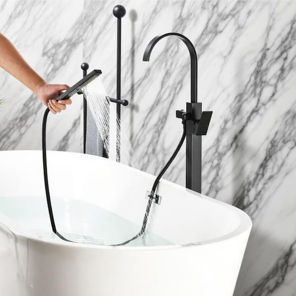 Vara 1-Handle 45.28 in. H Freestanding Tub Faucet with Hand Shower and 360° Swivel Spout in Matte Black