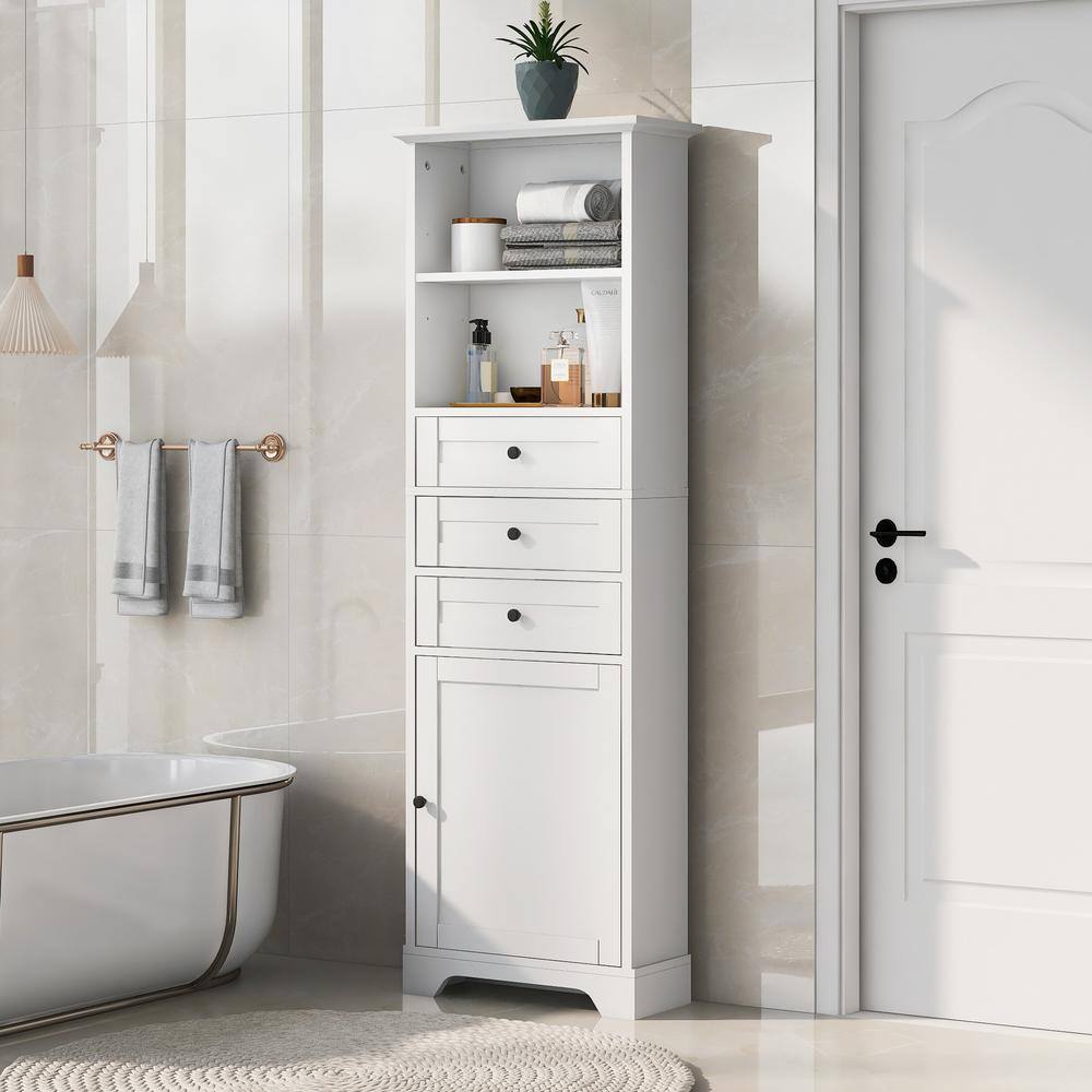 White Tall Bathroom Storage Cabinet with Adjustable Shelves and Drawers