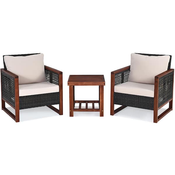 3-Pieces Wood Patio Conversation Set with Beige Cushions