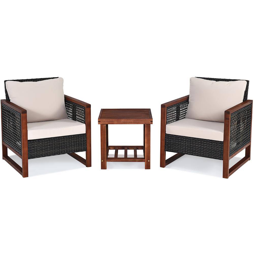 Costway 3-Pieces Wood Patio Conversation Set with Beige Cushions QD-6B7J-7WF Sansujyuku sansujyuku.com