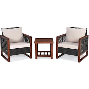 3-Pieces Wood Patio Conversation Set with Beige Cushions