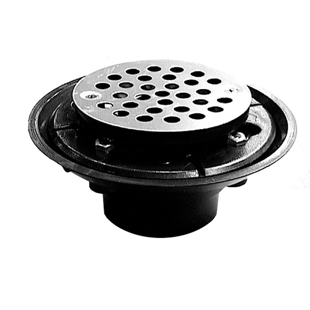 Jones Stephens 2 x 3 PVC Heavy Duty Slab Drain Base with 3 Metal Spud and 5 Nickel Bronze Round Strainer D49657