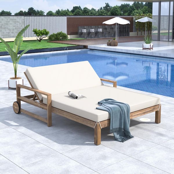 Unbranded 1-Piece Wood Outdoor Day Bed with Beige Cushions