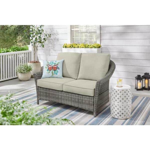 Hampton Bay Chasewood Brown Wicker Outdoor Patio Loveseat and Coffee Table with CushionGuard Biscuit Cushions