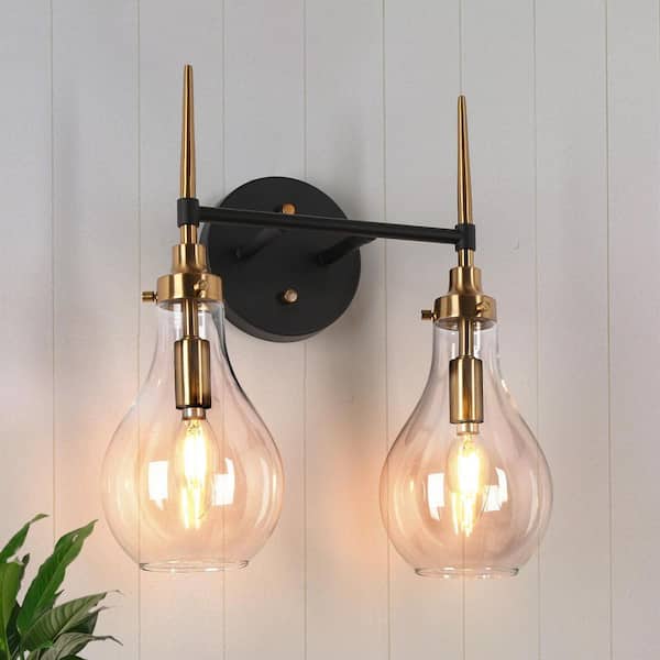 Uolfin Modern Bathroom Teardrop Vanity Light 2-Light Black and Brass Wall Sconce Light with Clear Glass Shade
