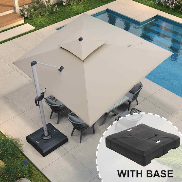 PURPLE LEAF 9 ft. x 11 ft. High-Quality Aluminum 360 Rotation Cantilever Polyester Outdoor Patio Umbrella with Base, Beige