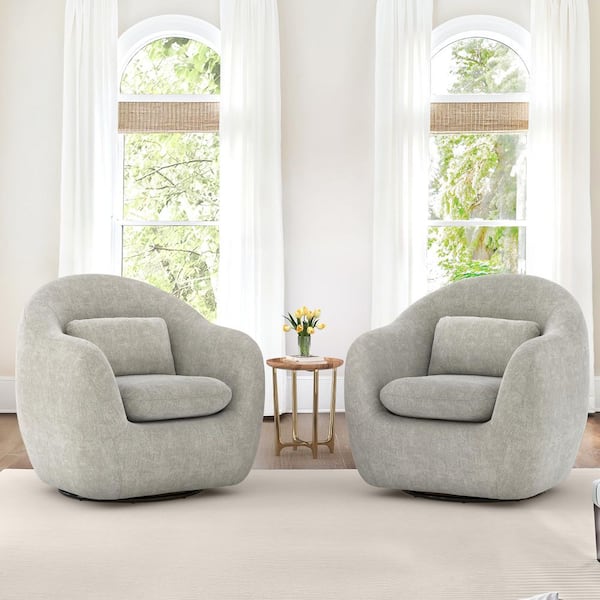 Alma Oversized Light Gray Chenille 360° Swivel Armchair High Density Foam Accent Chair with Padded Backrest Set of 2