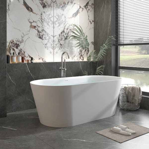 63 in. Stone Resin Flatbottom Freestanding Double Slipper Soaking Bathtub in White with Brass Drain