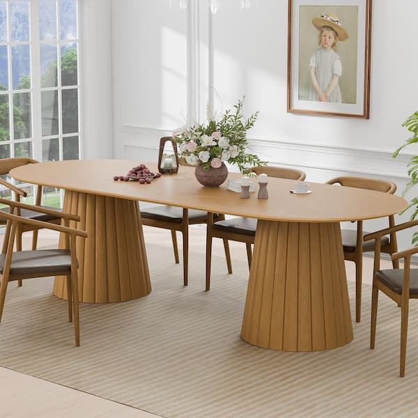 Oval Natural Wooden Solid Wood 86 in. Dual Pedestal Base Wood Dining Table Seats 10