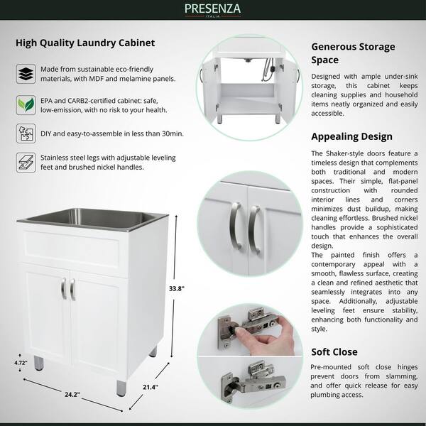 All-in-One 24.2 in. x 21.3 in. x 33.8 in. Stainless Steel Laundry/Utility Sink and White Cabinet