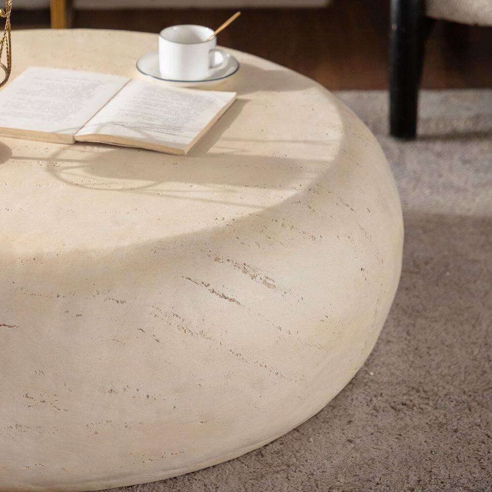 Close-up of the beige magnesium oxide coffee table surface.