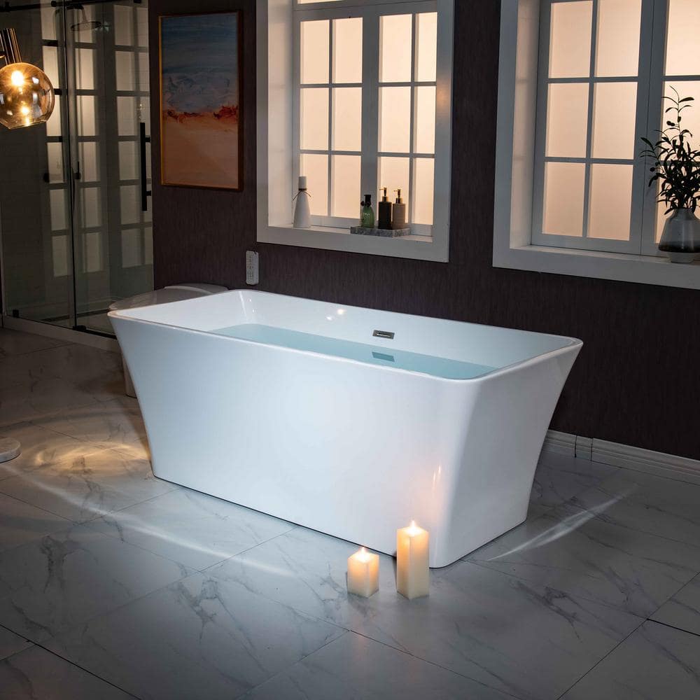 Echo 59'' White Acrylic Freestanding Soaking Bathtub with Brushed Nickel Trim