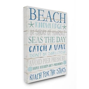 16 in. x 20 in. "Beach Knowledge Blue Aqua and White Planked Look Sign Canvas Wall Art" by Jennifer Pugh
