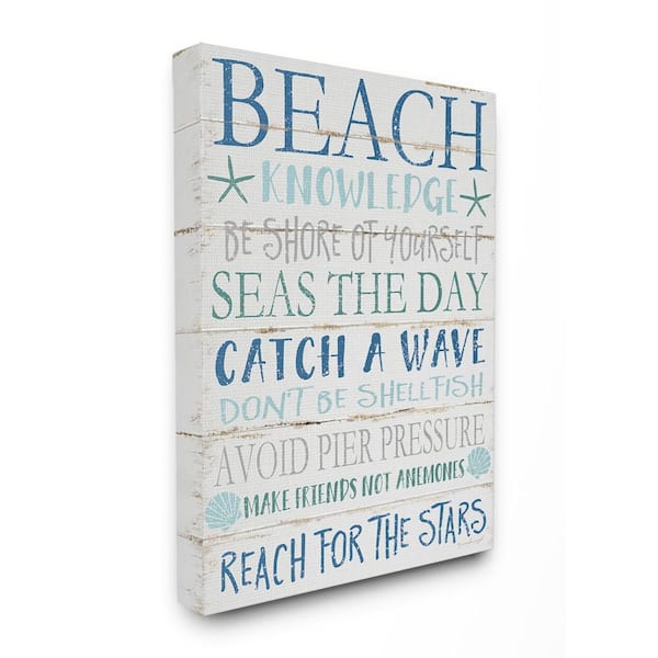 Stupell Industries 30 in. x 40 in. "Beach Knowledge Blue Aqua and White Planked Look Sign Canvas Wall Art" by Jennifer Pugh