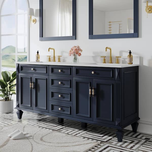 72 in. W x 22 in. D x 35 in. H Solid Wood Bath Vanity in Navy Blue, Certified Double Sink Quartz Top Soft-Close Drawer
