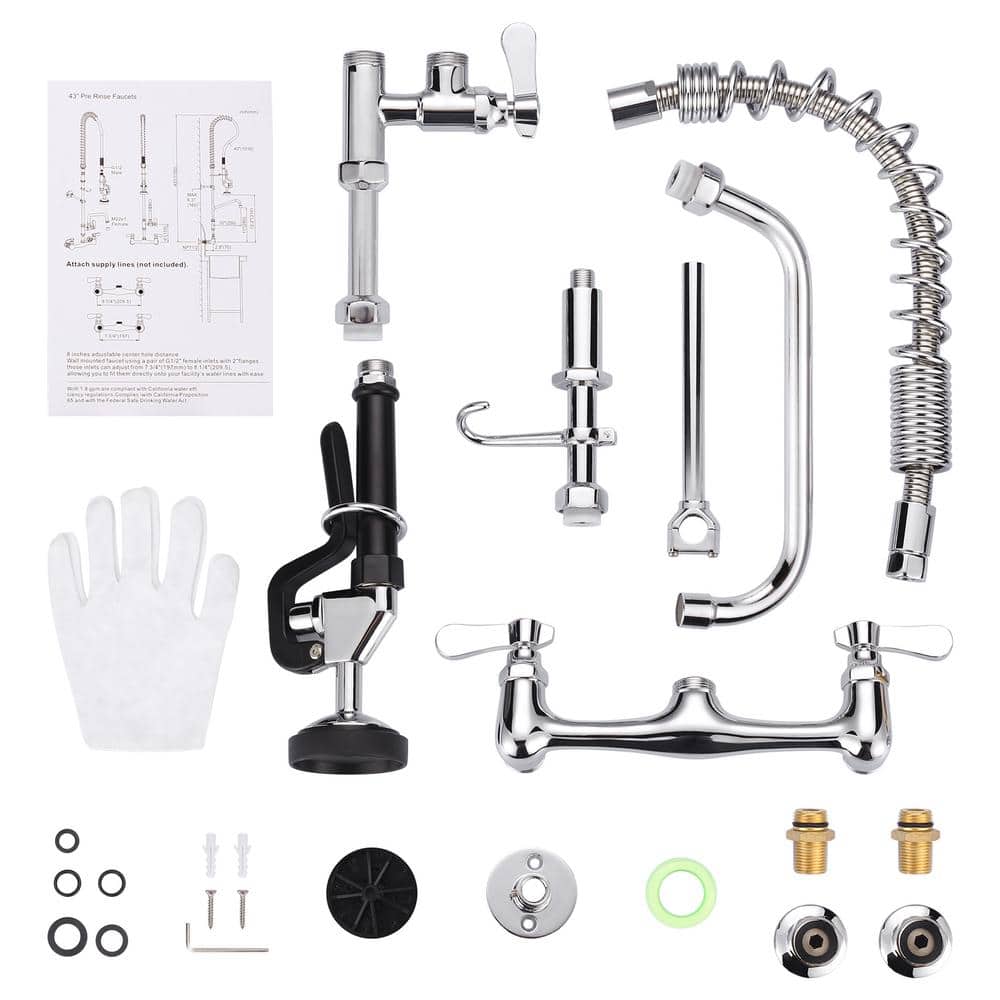 21 in. Polished Chrome Triple Handle Wall Mount Kitchen Faucet with Pull-out Spray