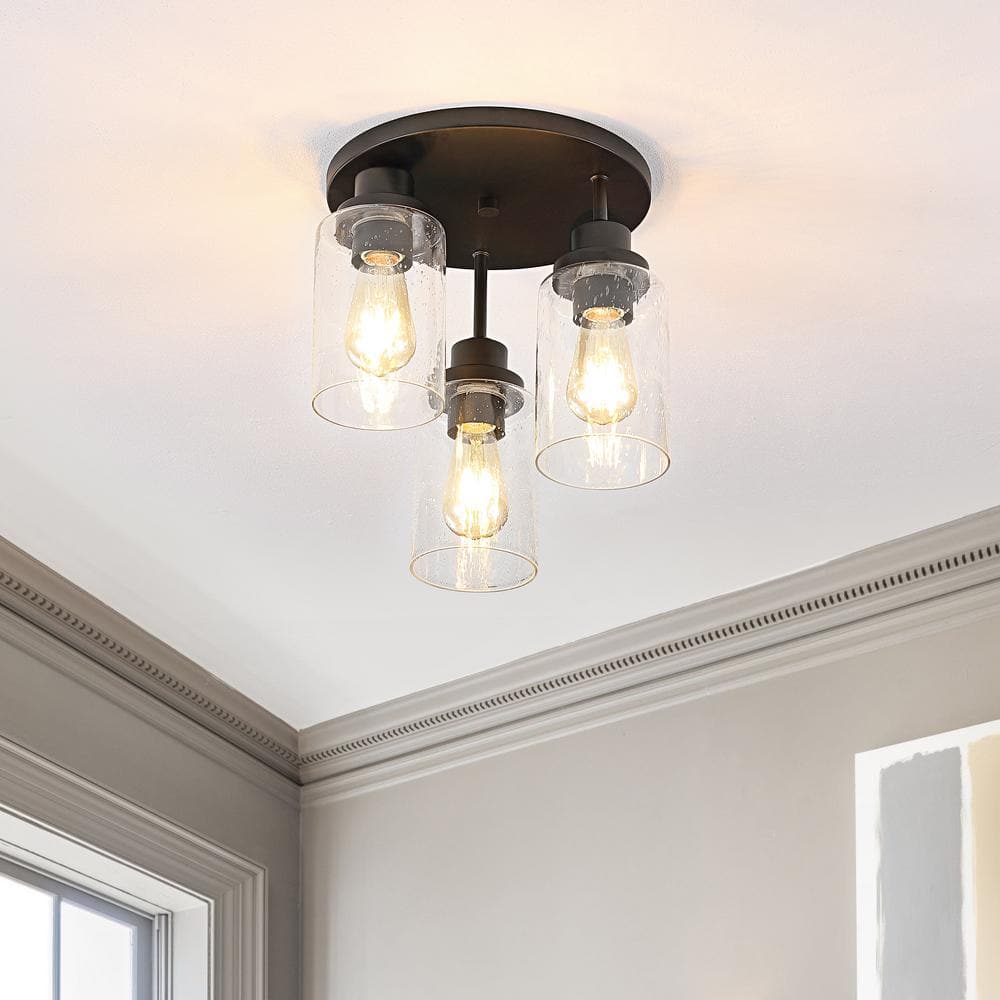 Black Iron and Seeded Glass 3-Light LED Semi Flush Mount