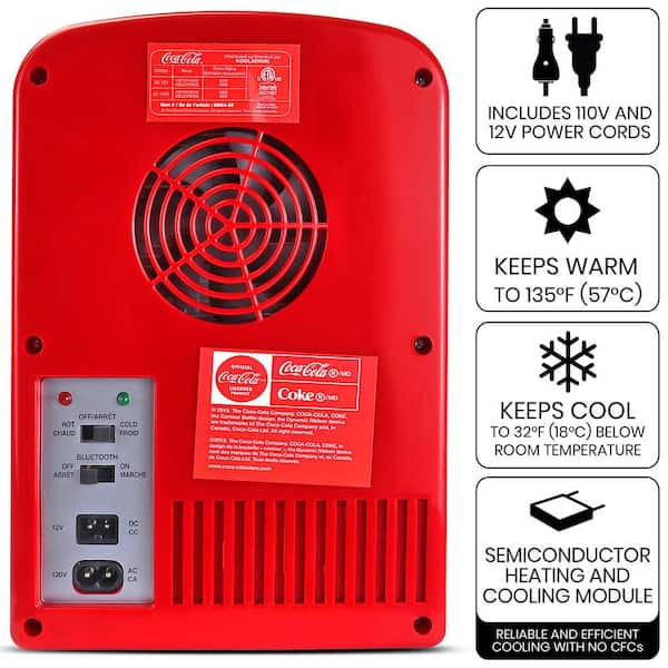 Coca-Cola 4L Cooler/Warmer with Bluetooth Speaker,12V DC and 110V AC Cords,  6 Can Mini Fridge, Red KWC4-BT - The Home Depot