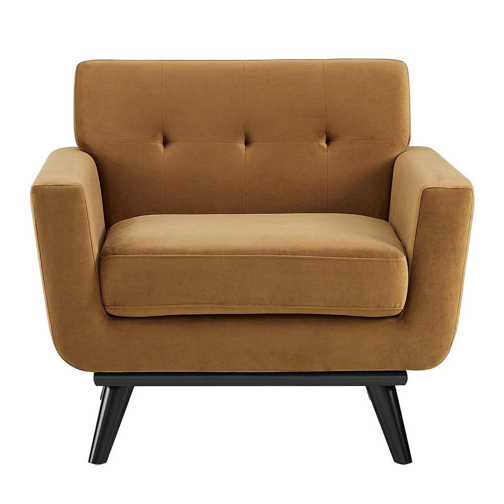Cognac Elegance 40" Velvet Tufted Armchair with Black Wood Legs