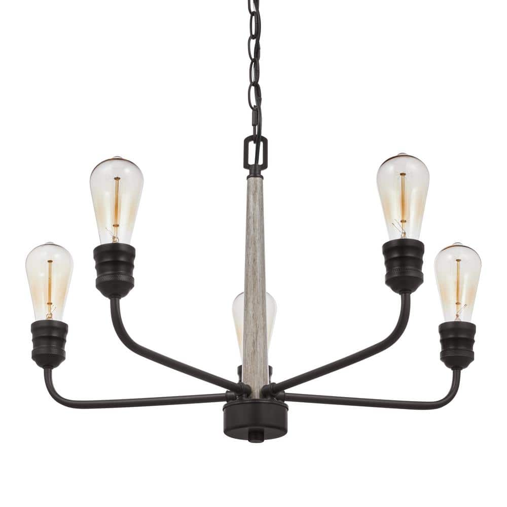 Palermo Grove 24 in. 5-Light Black Coastal Chandelier with Light Oak Accent