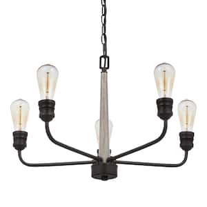 Palermo Grove 5-Light Graphite Chandelier with Oak Accents, Rustic Farmhouse Dining Room Chandelier
