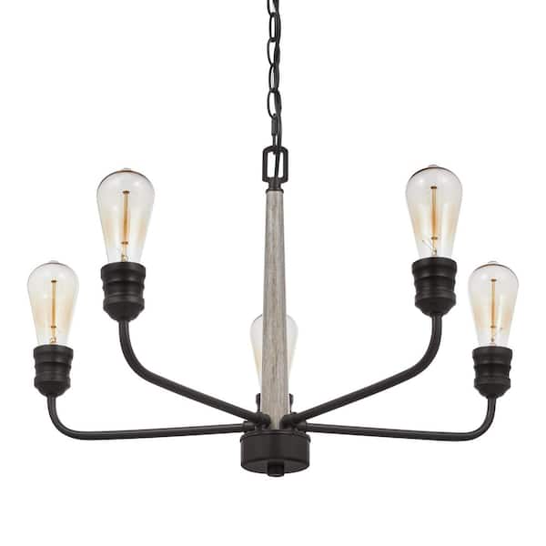 Home Decorators Collection Palermo Grove 24 in. 5-Light Black Coastal Chandelier with Light Oak Accents for Dining and Kitchen