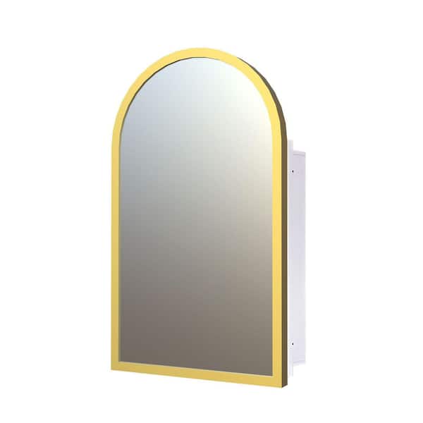16 in. W x 30 in. H Arched Gold White Iron Medicine Cabinet with Mirror, Recessed or Surface Mount, Soft Close