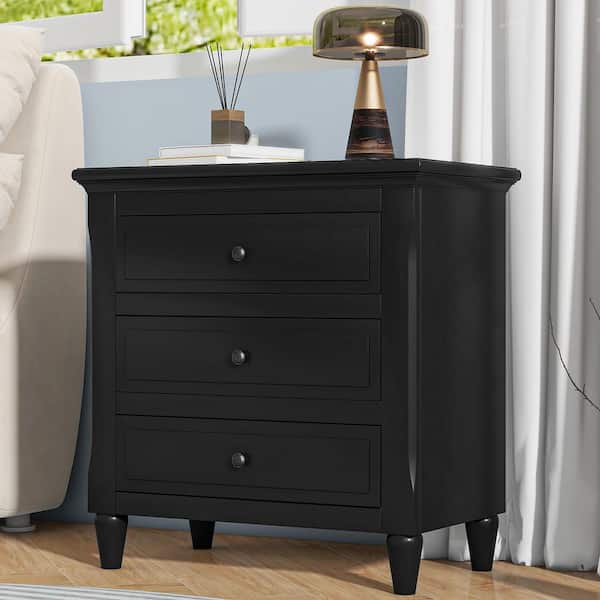 Torvallis Modern Black 3-Drawers Bedside Cabinet Nightstand with Solid Wood Legs