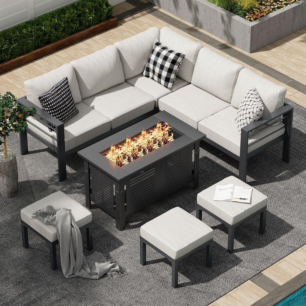 "7-Piece Aluminum Outdoor Patio Conversation Set - 8-Seat Light Gray Metal Sectional Sofa with 43"" Fire pit table" price history on PriceWatchPro