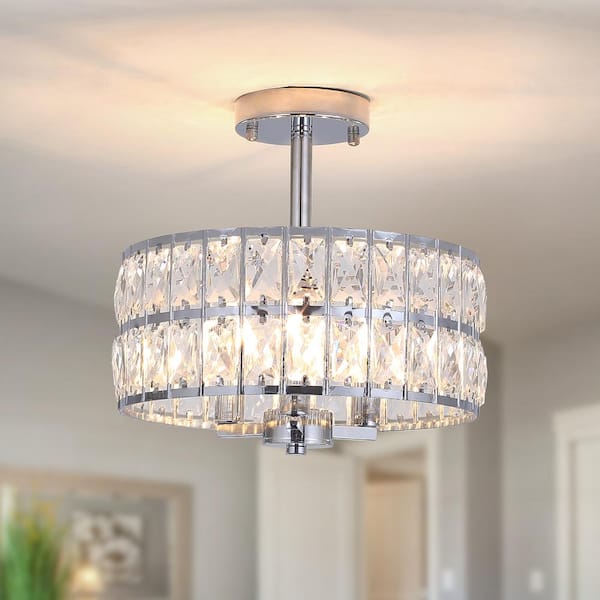 LWYTJO 12.59 in. Koyal 3-Light Round Chrome Drum Chandelier Semi Flush Mount Ceiling Light with Clear Crystal Glass Drum Shade