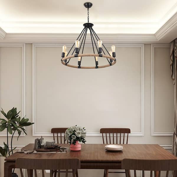 8-Light Black Circle Candle Design Wagon Wheel Chandelier Hemp Rope Linear Lighting Fixture for Kitchen Island