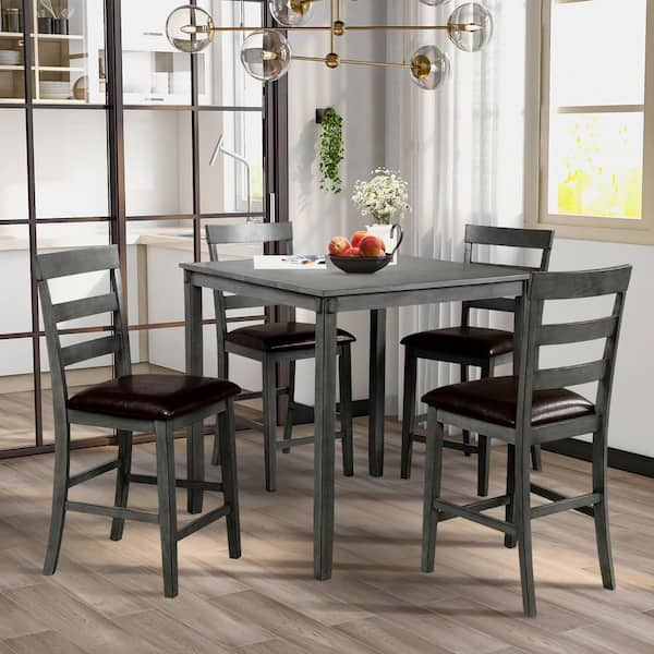 Harper & Bright Designs Gray Wood Counter Height Dining Set with 4-PU Chairs (5-Piece)