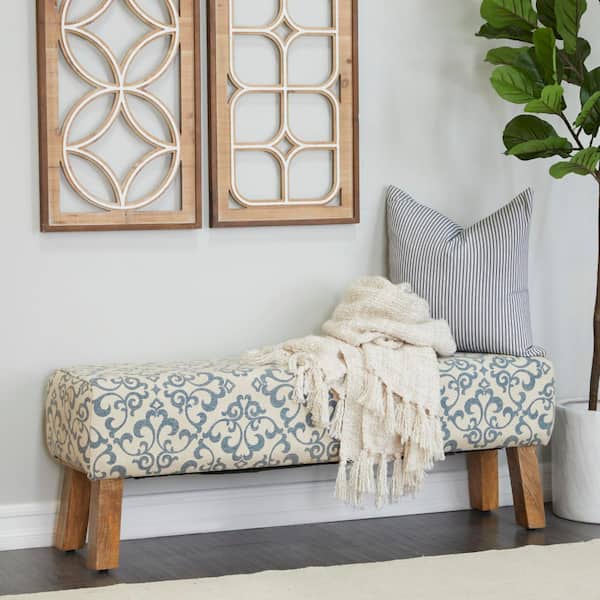 Litton Lane Cream Arabesque Scroll Bench with Wood Legs 17 in. X 50 in. X 13 in.