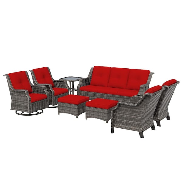 Outdoor Patio Furniture Set 8-Piece Wicker Patio Conversation Seating with RED Cushion