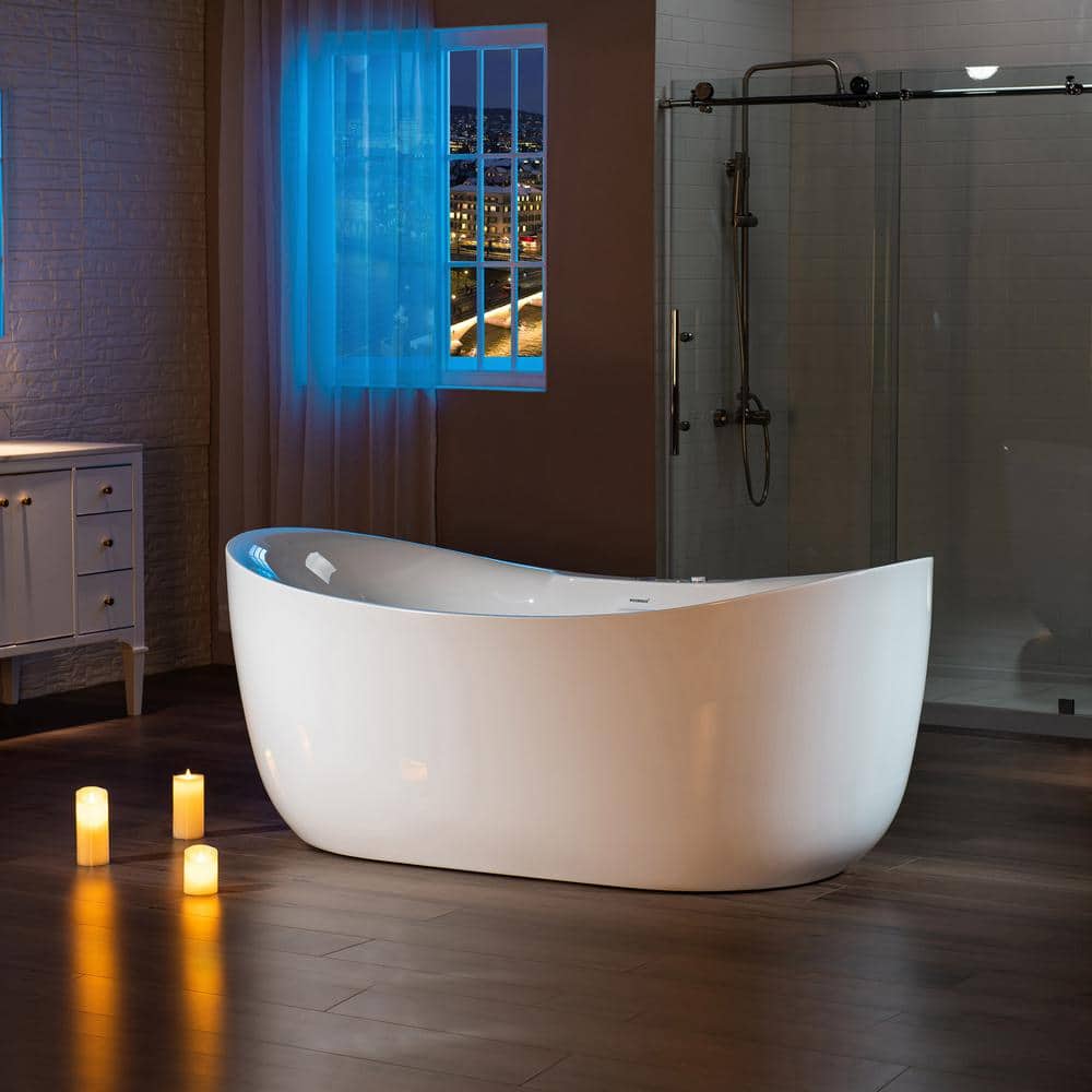 72" White Acrylic Freestanding Heated Soaking Bathtub