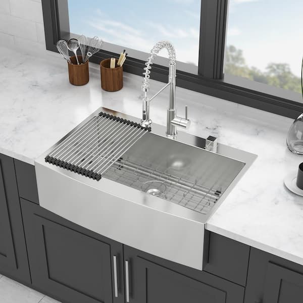 Unbranded 33 in. Farmshouse Single Bowl 16 Gauge Brushed Nickel Stainless Steel Kitchen Sink with Bottom Grids