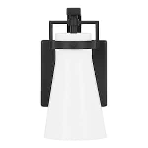 Clermont 5 in. 1-Light Matte Black Vanity Light Sconce with Milk Glass Shade