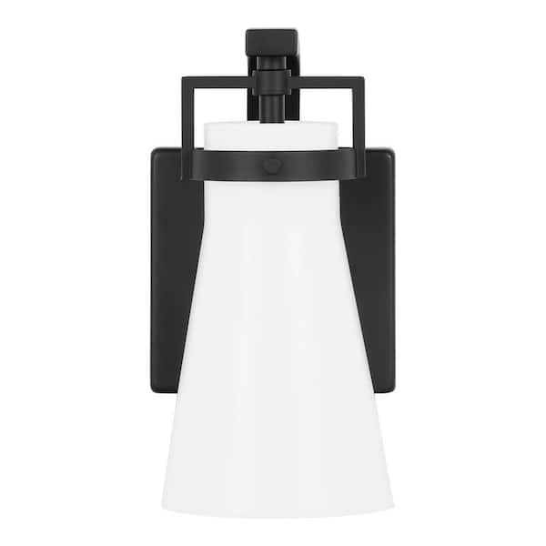Home Decorators Collection Clermont 5 in. 1-Light Matte Black Vanity Light Sconce with Milk Glass Shade