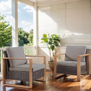 Allcot Brown Powder-Coated Steel Wicker Outdoor Lounge Chair with CushionGuard Gray Cushions (2-Pack)