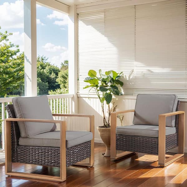 Gymojoy Allcot Brown Powder-Coated Steel Wicker Outdoor Lounge Chair with CushionGuard Gray Cushions (2-Pack)