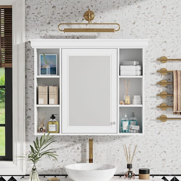 35 in. W x 28 in. H White Rectangular Surface Wall Medicine Cabinet with Mirror and Adjustable Shelves