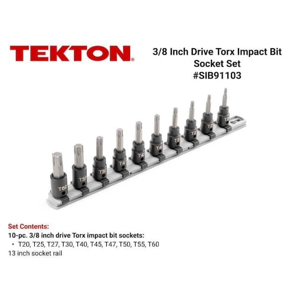 TEKTON 3/8 in. Drive Torx Impact Bit Socket Set with Rail, 10