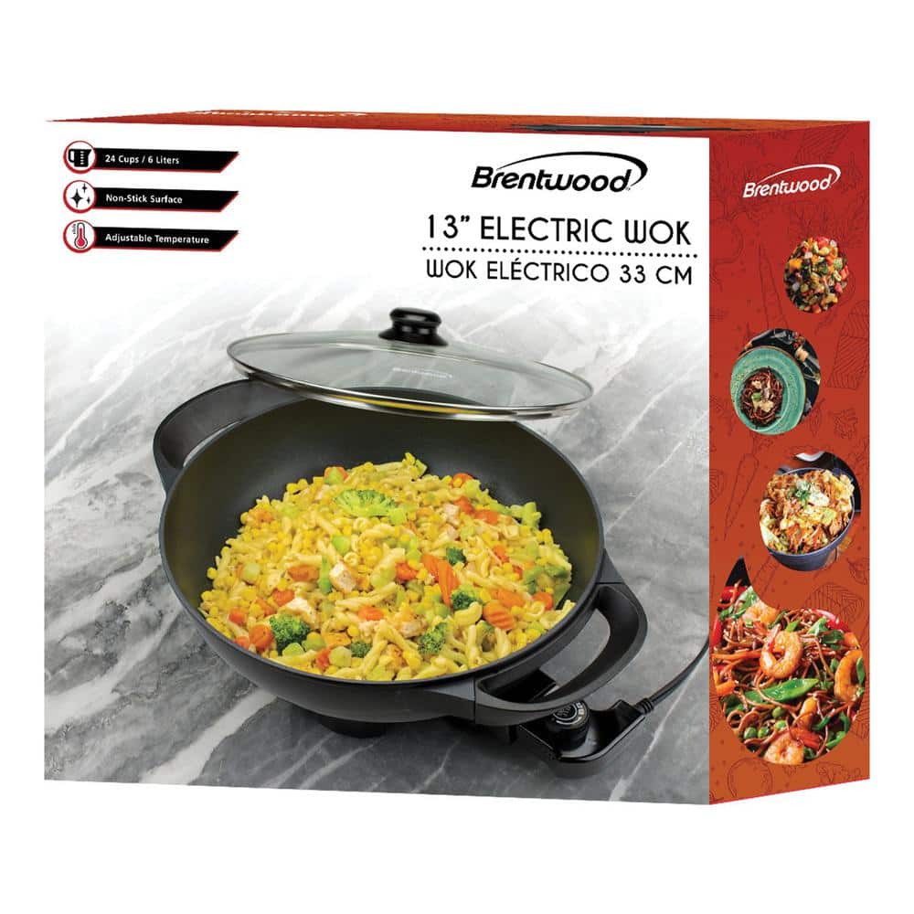 Brentwood 13-Inch Black Non-Stick Electric Wok Skillet with Glass Lid