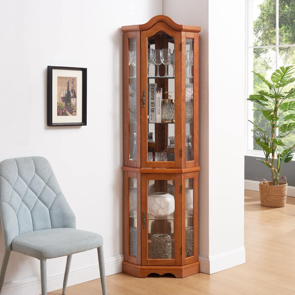 16-Bottle Oak Glass Corner Curio Cabinet Lighted Corner Display, Glass Disp