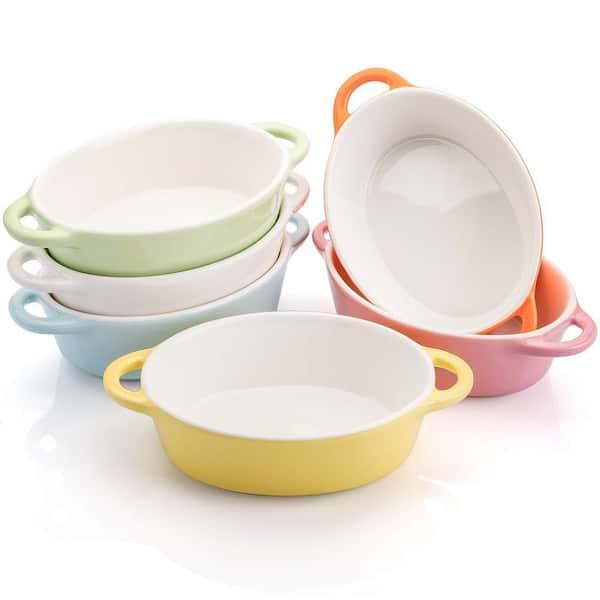6-Piece 10 oz. Oval Porcelain Ramekins Set, Ramekins Oven Safe, Baking Ramekin Dishes, Double Handles, Multicolor