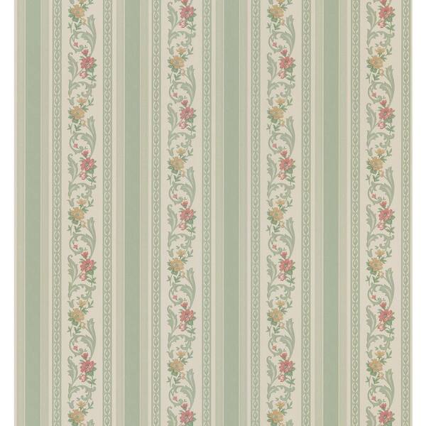 Brewster Cameo Rose IV Green Pomander Floral Stripe Wallpaper Sample