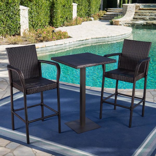 Noble House Lala Multi-Brown 3-Piece Faux Rattan Square 40 in. Outdoor Patio Serving Bar Set