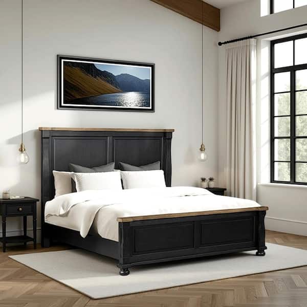 Benjara Ginie Oak Brown and Black Wood Frame Queen Panel Bed with